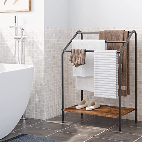 HOOBRO Freestanding Towel-Rack for Bathroom, 3 Tier Blanket Rack for Living Room, 23.6" L x 14.2" W x 33.9" H, Quilt Blanket Ladder Holder, Drying and Display Rack, Rustic Brown and Black BF63LB01