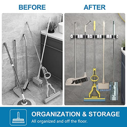 IMILLET 2 Pack Broom Holder Wall Mount Stainless Steel Mop Organizer | 5 Racks 4 Hooks Heavy Duty Garage Organization Storage,Broom and Mop Organizer Wall Hanging Self Adhesive for Laundry Room