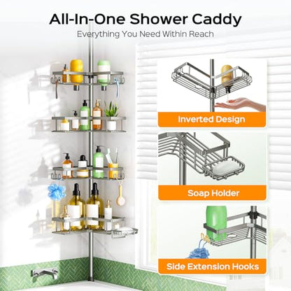 HAMITOR Shower Organizer Tension Pole: 4 Tier L-Shaped Corner Bath Shelf | Rustproof Corner Caddy with Soap Holder & Hooks, No-drill Adjustable Bathroom Rack for Apartment, Small Spaces, 47-123In