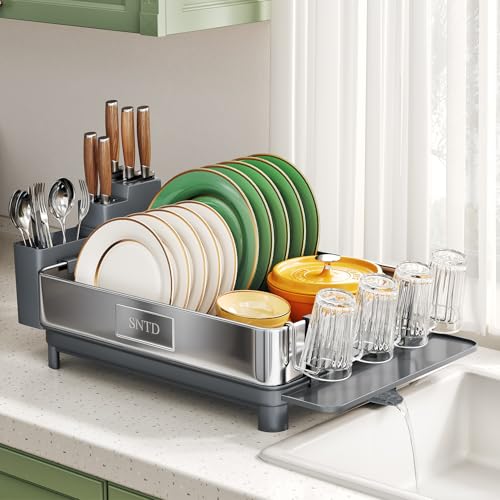 SNTD 304 Stainless Steel Dish Drying Rack for Small Kitchen Counter, Grey | Rustproof, Large Capacity, Heavy-Duty Frame, Rotating Spout, Angled Drainboard, Removable Cup & Utensil Holder