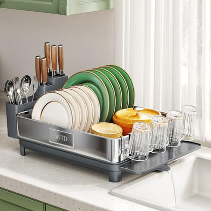 SNTD 304 Stainless Steel Dish Drying Rack for Small Kitchen Counter, Grey | Rustproof, Large Capacity, Heavy-Duty Frame, Rotating Spout, Angled Drainboard, Removable Cup & Utensil Holder