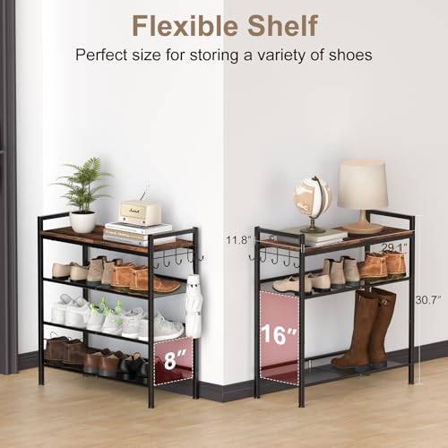 Refrze Shoe Rack for Front Door Entrance, 4 Tier Height-Adjustable Metal Shoe Rack, Sturdy Wooden Top and Tiltable Steel Frame Heavy Duty Shoe Organizer for Bathroom,Bedroom,Kitchen，Include Hook