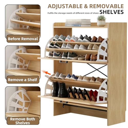 Shoe Storage Cabinet for Entryway, 2 Flip Drawers with 3-Tier Rack Each, 6-Layer Total Storage, Narrow Shoe Cabinet with Linen Panel, Slim Wood Shoe Organizer Closed Shoe Rack for Hallway,Small Spaces