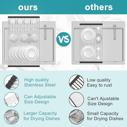 Extra Large Expandable Roll Up Dish Drying Rack,Over The Sink Drying Rack Sink Cover Kitchen Sink Accessories Kitchen Rolling up Stainless Steel Drainer, Foldable,Rollable（Black，22.8''-12.4''）