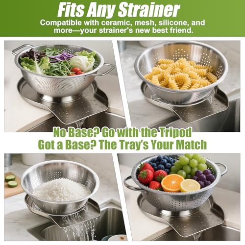 Palksky Colander and Strainer Self Drainer Base Plate Stainless Steel for Kitchen, Metal Countertop Draining Tray for Pasta Rice Noodle Fruit Veggie Food Strainer & Ceramic Colander