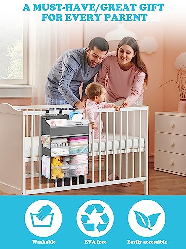 Hanging Diaper Caddy Organizer Crib Organizer–Spacious Baby Girl/Boy Nursery Storage Organizer for Changing Table, Playpen/Wall- Hold 90+ Diaper (Grey)