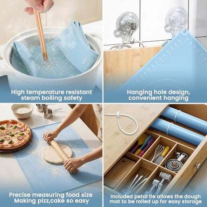 28x20 Silicone Rolling Mat Non-Stick Food Grade Baking Mat w/Measurements | Non-slip edges, heatproof silicone, nonstick, measuring guides, oven/dishwasher safe, tearproof, easy clean.