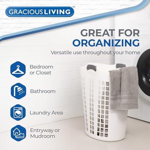 Gracious Living Laundry Basket, Easy Carry Flex Collapsible Hamper, 87.5L | Large Plastic Clothes Storage Organizer for Home, Bathroom, and Bedroom, White