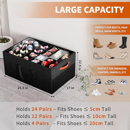 2 Pack Shoe Organizer for Closet, Large Shoe Storage Box, Black | Fits up to 48 Pairs, Stackable, Space Saving, Foldable, Shoes Organizer Bin with Clear Cover, 4 Reinforced Handles