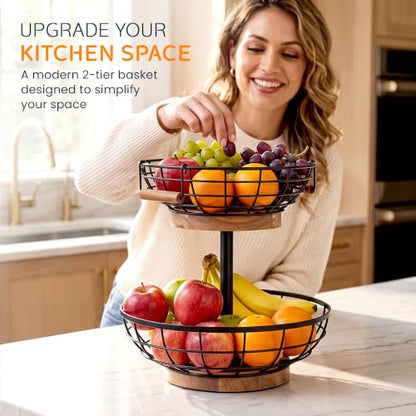 2 Tier Fruit Basket with Banana Hanger, Metal Fruit Bowl Stand with Wooden Base, Kitchen Counter Fruit Organizer for Vegetables, Bread, Snacks Storage Basket