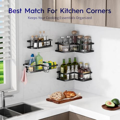 Shower Caddy Corner No Drilling-Adhesive, Shower Shelves-Rustproof | Organizer for Dorm. Black, 4-Pack - with Soap Holder