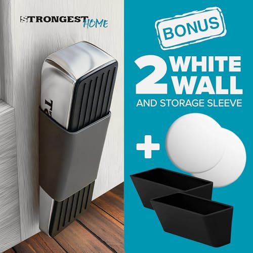 Door Stoppers for Bottom of Door – Heavy Duty Metal Rubber Stopper, Non-Slip Door Stop for Heavy Doors, Works on Wood, Tile & Carpet Floors, Wedge Chrome 2 PCs + 2 White Wall Protectors