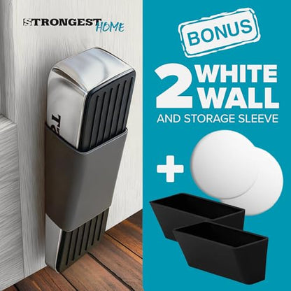 Door Stoppers for Bottom of Door – Heavy Duty Metal Rubber Stopper, Non-Slip Door Stop for Heavy Doors, Works on Wood, Tile & Carpet Floors, Wedge Chrome 2 PCs + 2 White Wall Protectors
