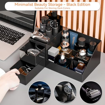 Makeup Organizer with 2 Drawer,Black Cologne Organizer for Men,Cologne Stand and Rack,Skin Care,Perfume Organizer Holder and Fragrance Shelf for Vanity,Bathroom Countertop and Dresser Top,1PCS