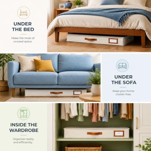 2pc Low Profile Under Bed Storage Containers, Thin Under Couch Storage Organizer with Bins & Lids, Underbed Storage Box Ideal for Seasonal Clothes, Blankets, Fabric & Shoes (Ivory)