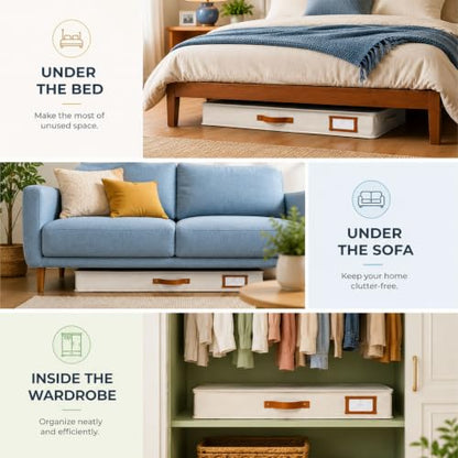 2pc Low Profile Under Bed Storage Containers, Thin Under Couch Storage Organizer with Bins & Lids, Underbed Storage Box Ideal for Seasonal Clothes, Blankets, Fabric & Shoes (Ivory)