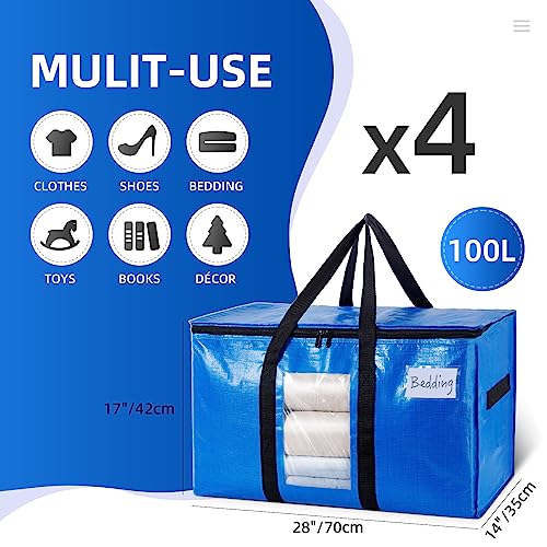 TAILI Extra Large Moving Bags, 4 Pack Blue Heavy Duty Totes For Storage with Visible Window, Wrap Around Handles, Storage Bags for Space Saving, Alternative to Moving Boxes
