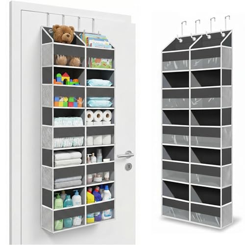 Over the Door Organizer, 10-Pocket Heavy Duty Hanging Storage Bag | 600D Oxford hanging door organizer with 10 front pockets, 10 side mesh pockets, four silicone-padded hooks and 80 lb capacity