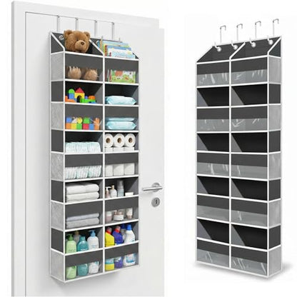 Over the Door Organizer, 10-Pocket Heavy Duty Hanging Storage Bag | 600D Oxford hanging door organizer with 10 front pockets, 10 side mesh pockets, four silicone-padded hooks and 80 lb capacity