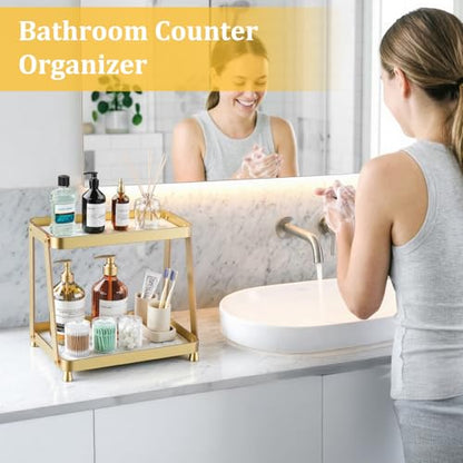 2-Tier Acrylic Bathroom Vanity Organizer, Gold | Bathroom Counter Storage Shelf with Marble-Look Tray, Holds Cosmetics, Perfume, Makeup & Skincare Products