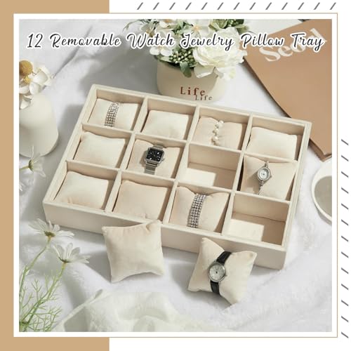 2 Pieces 12 Grid Velvet Watch Tray Jewelry Organizer Stackable Watch Bracelet Bangle Display Holder Adjustable Pillow(Beige)