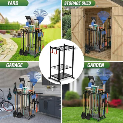 Garden Tool Organizer Rack Up to 50 Tools, Heavy-Duty Steel Yard Tool Organizer for Garage Storage with 11 Hooks, Broom Holder & Garden Tool Rack for Shed, Patio, Outdoor Use, Black