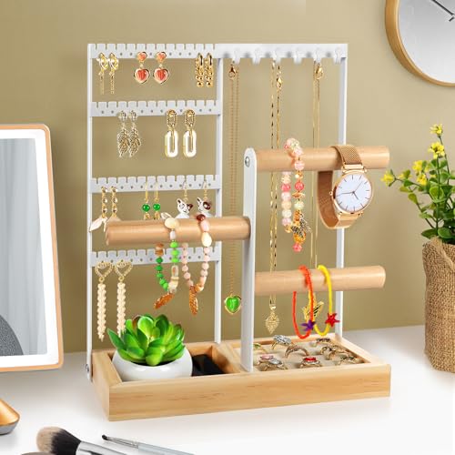 Jewelry Stand - 48 Holes Earring Holder, 4-Tier Necklace Organizer | 6 Hooks Jewelry Organizers and Storage, Bracelet Ring Rack with Wood Box, Preppy Gift Room Decor for Teen Girls Women, White
