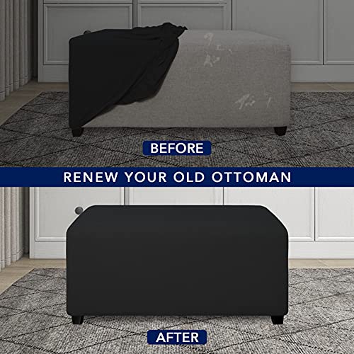 PureFit Stretch Rectangle Ottoman Cover Footstool Cover, Black | Fleece Large Ottoman Slipcovers Soft Form Fit Rectangle Slipcover for Folding Storage with Nonslip Elastic Bottom