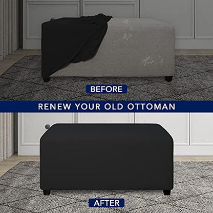 PureFit Stretch Rectangle Ottoman Cover Footstool Cover, Black | Fleece Large Ottoman Slipcovers Soft Form Fit Rectangle Slipcover for Folding Storage with Nonslip Elastic Bottom