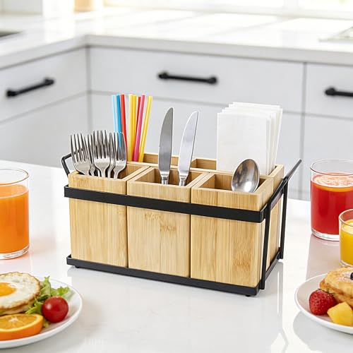 4-in-1 Detachable Silverware Caddy with Removable Dividers and Iron Base | Plate and Flatware Storage, Flexible Storage Layout, Portable Side Handles, Solid-Bottom Design, Easy Assembly and Cleaning