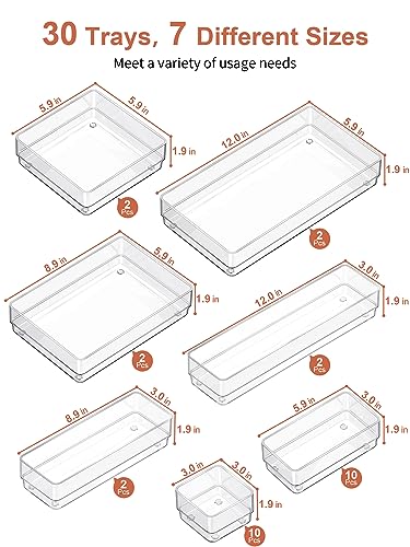 SMARTAKE 30-Piece Drawer Organizer with Non-Slip Silicone Pads, 7-Size | Desk Drawer Organizer Trays Storage Tray for Makeup, Jewelries, Utensils in Bedroom Dresser, Office and Kitchen (Clear)