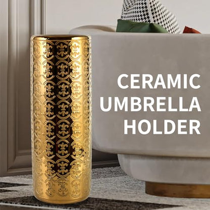 ZOEJADE 24" H Golden Ceramic Umbrella Holder Entryway Decor Umbrella Stand | Shining Luxury Style Indoor Decor Porcelain Large Floor Vase for Storing Umbrellas Walking Sticks Canes Golf Clubs