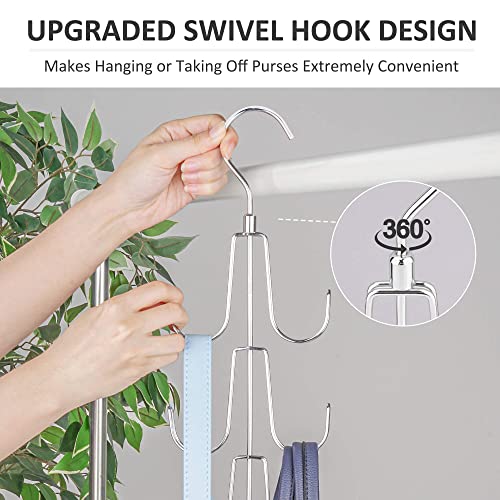 2 Pack Purse Organizer for Closet, Rotatable Purse Hanger Bag Holder, Max 16 Storage Capacity Backpack Rack, Metal Space Saving Hanger, Silver