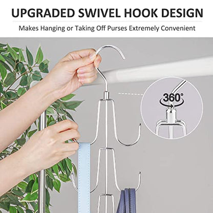 2 Pack Purse Organizer for Closet, Rotatable Purse Hanger Bag Holder, Max 16 Storage Capacity Backpack Rack, Metal Space Saving Hanger, Silver