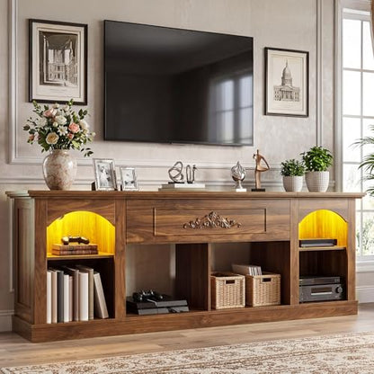 YITAHOME Farmhouse TV Stand with LED Lights for Living Room, Walnut | 70 inch Entertainment Center with Flip-Down Carved Door, Media Console for 75/80 Inch TV, Adjustable Shelf & Open Storage