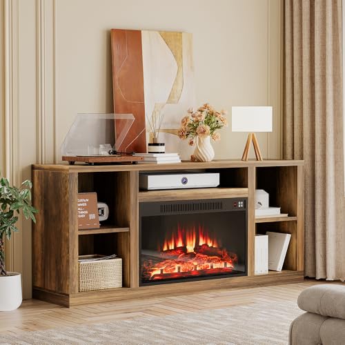 YESHOMY Electric Fireplace TV Stand for Televisions up to 65+ Inch, Mid Century Modern Media Entertainment Center Console Table with Four Open Storage Shelves & Cabinets, 58 Inch, Yelloe Barnwood