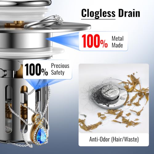 5-in-1 Bathroom Sink Stopper, 2 Pc Pop-Up Sink Drain Strainer with Removable Basket, Anti-Clog Strainer, Odor Blocking & One-Way Flow Design, Brass & Stainless Steel All Metal Made, Fit 1.1"–2.36"