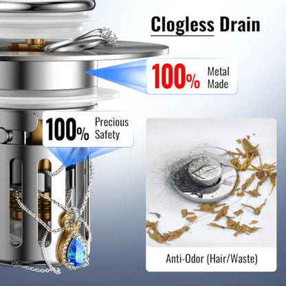 5-in-1 Bathroom Sink Stopper, 2 Pc Pop-Up Sink Drain Strainer with Removable Basket, Anti-Clog Strainer, Odor Blocking & One-Way Flow Design, Brass & Stainless Steel All Metal Made, Fit 1.1"–2.36"