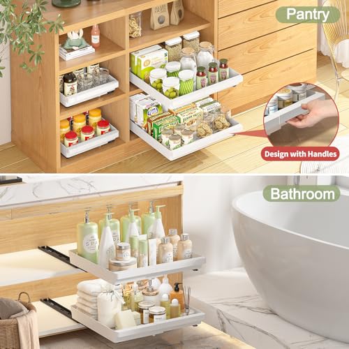 DOMNIU Pull Out Cabinet Organizers Expandable,White,16.9"Depth,2 Pack | Plastic Slide Out Drawers for Kitchen, Bathroom, Pantry, Under Sink Storage, Fixed with Adhesive Nano Film (11.6''-17.5'')