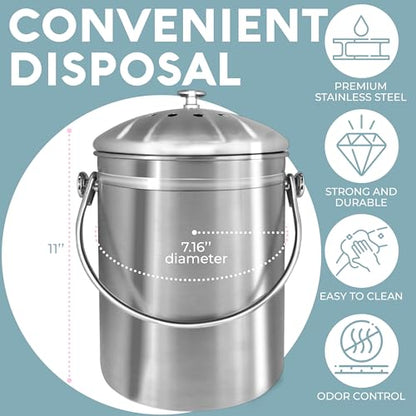 Epica Kitchen Compost Bin for Kicthen Countertops, 1.3 Galllon - Silver | Stainless Steel, Rust- Resistant, Resistant to Leaks, Replaceable Charcoal Filter for Odorless Composting