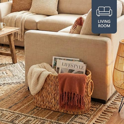 Toilet Paper Storage Basket, Water Hyacinth Toilet Paper Holder for Up to 6 Mega Rolls, Wicker Basket for Bathroom Accessories Organizer, Boho Hand Woven Rattan Decorative Decor, Natural