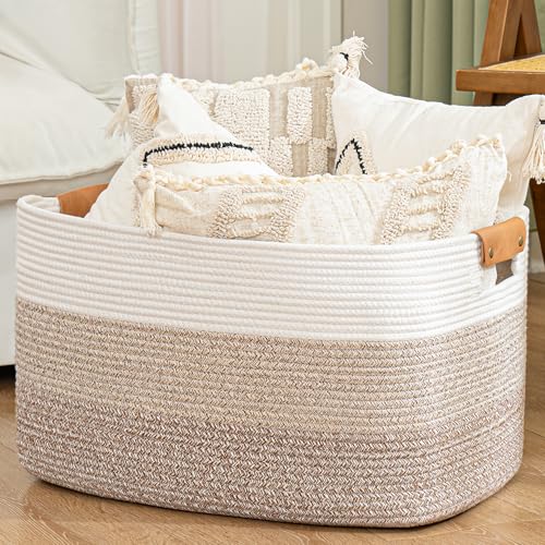 Blanket Basket, 72L Woven Storage basket with Leat... (Gradient Brown | Cotton)