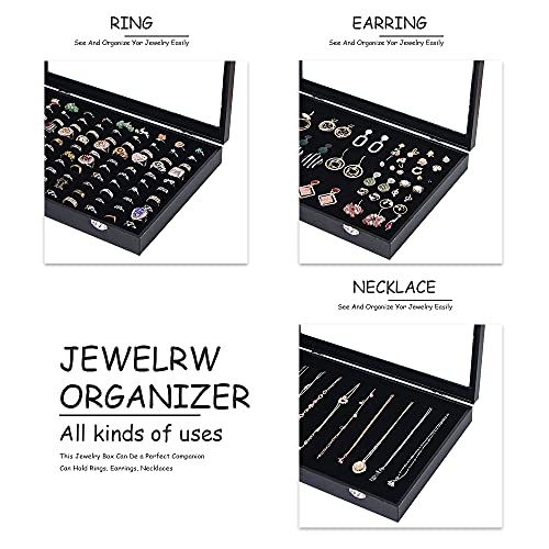 Ring Holder Organizer Box, Jewelry Display Case, Earring Necklace Storage Tray With Top Glass Lid (Black, 100 Slots)