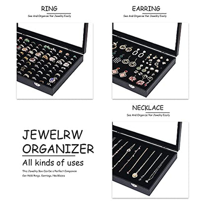 Ring Holder Organizer Box, Jewelry Display Case, Earring Necklace Storage Tray With Top Glass Lid (Black, 100 Slots)