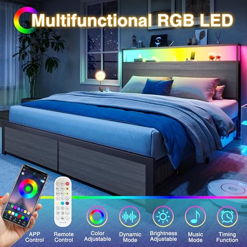 PHGLL Queen Bed Frame with 2-Layer Storage Headboard, Platform Metal Bed Frame with 2 Storage Drawers & 20W Fast-Charging Station & LED, Noise-Free, No Box Spring Needed, Easy Assembly, Rustic Grey