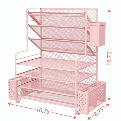Simple Trending 7 Tier Desk File Organizer, Letter Tray Paper Organizer with Pen Holder and Metal Hanging Basket, Pink