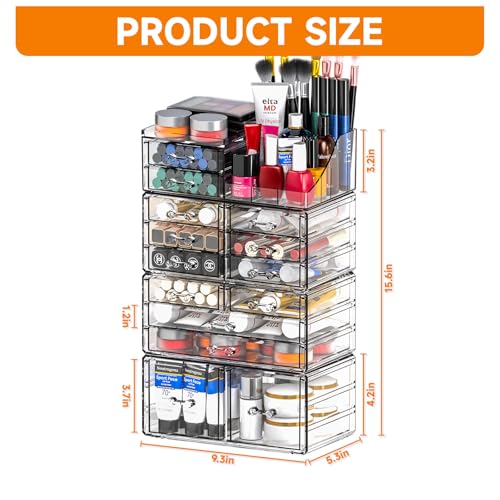 Cq acrylic Make Up Organizers for Vanity With 14 Drawers, 4 Pack Clear Drawer Organizers,Plastic Cute Desk Accessories Organization and Bathroom Organizers Storage Case Box Cube for Beauty,Skin Care