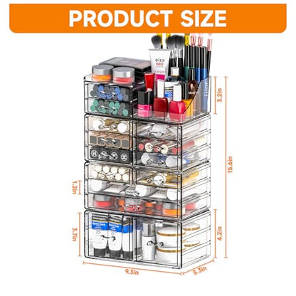 Cq acrylic Make Up Organizers for Vanity With 14 Drawers, 4 Pack Clear Drawer Organizers,Plastic Cute Desk Accessories Organization and Bathroom Organizers Storage Case Box Cube for Beauty,Skin Care