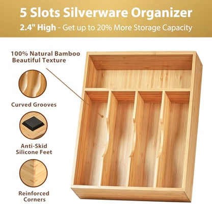 Kitchen Drawer Organizer, 10 Inch Silverware Utensil Tray Holder, Extra Deep, with Non-Slip Feet & Grooved Drawer Divider, 5 Slots Total Bamboo Wood Caddy for Flatware Cutlery Knives