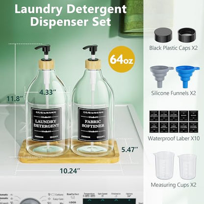 Moforoco Liquid Laundry Detergent Dispenser with Bamboo Tray, 2 Pack 64 Oz Plastic Laundry Soap Dispenser, Fabric Softener Dispenser with Pump and Labels for Laundry Room Decor and Organization